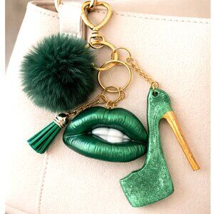 Emerald Lips Phone Charm & Bag Charm Gold Heel Glam Keychain
